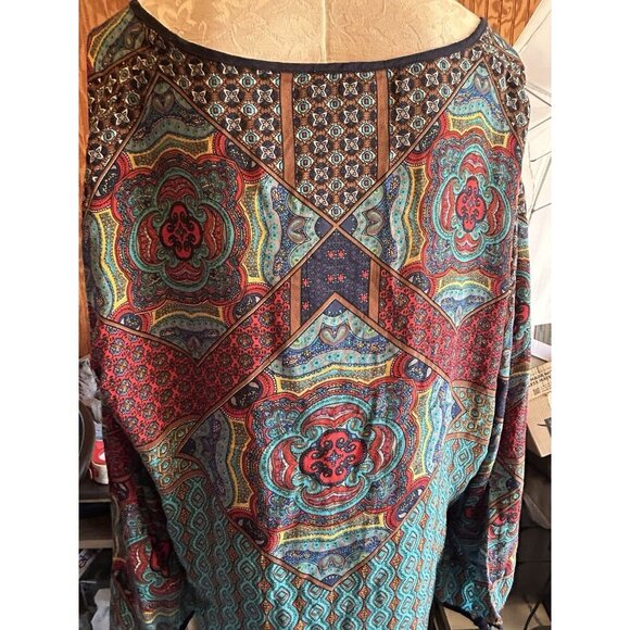 Tolani Silk Plus 1X Colorful Tunic 100% SILK V-Neck High-Lo Blouse Long Sleeve - Picture 7 of 9